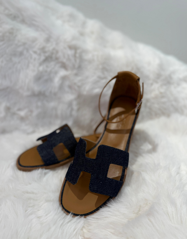 Hermes 深藍牛仔H涼鞋 37 